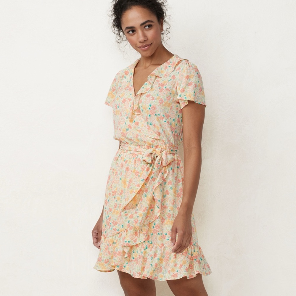 LC Lauren Conrad Ruffle Neck Flutter Sleeve Floral Wrap Dress